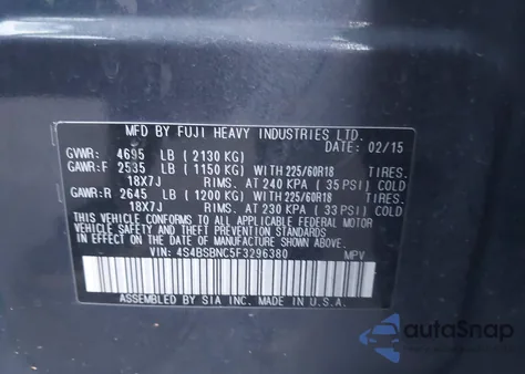 2015 Subaru Outback 2.5I Limited z USA, uszkodzony, nr VIN 4S4BSBNC5F3296380